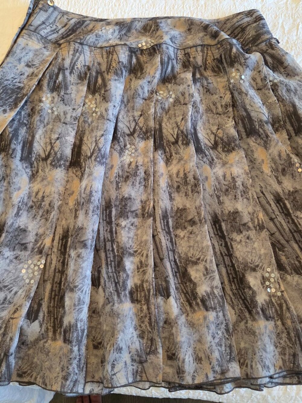 Ann Klein grey pleated midi sik skirt A-line sequins feminine size 12